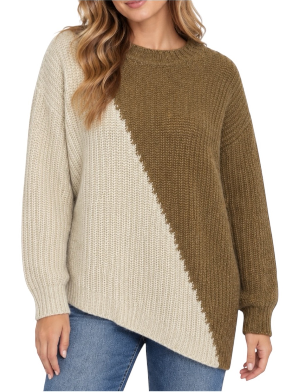 Crescent Women's Medium M Brown Cream Colorblock Asymmetrical Hem Knit Sweater